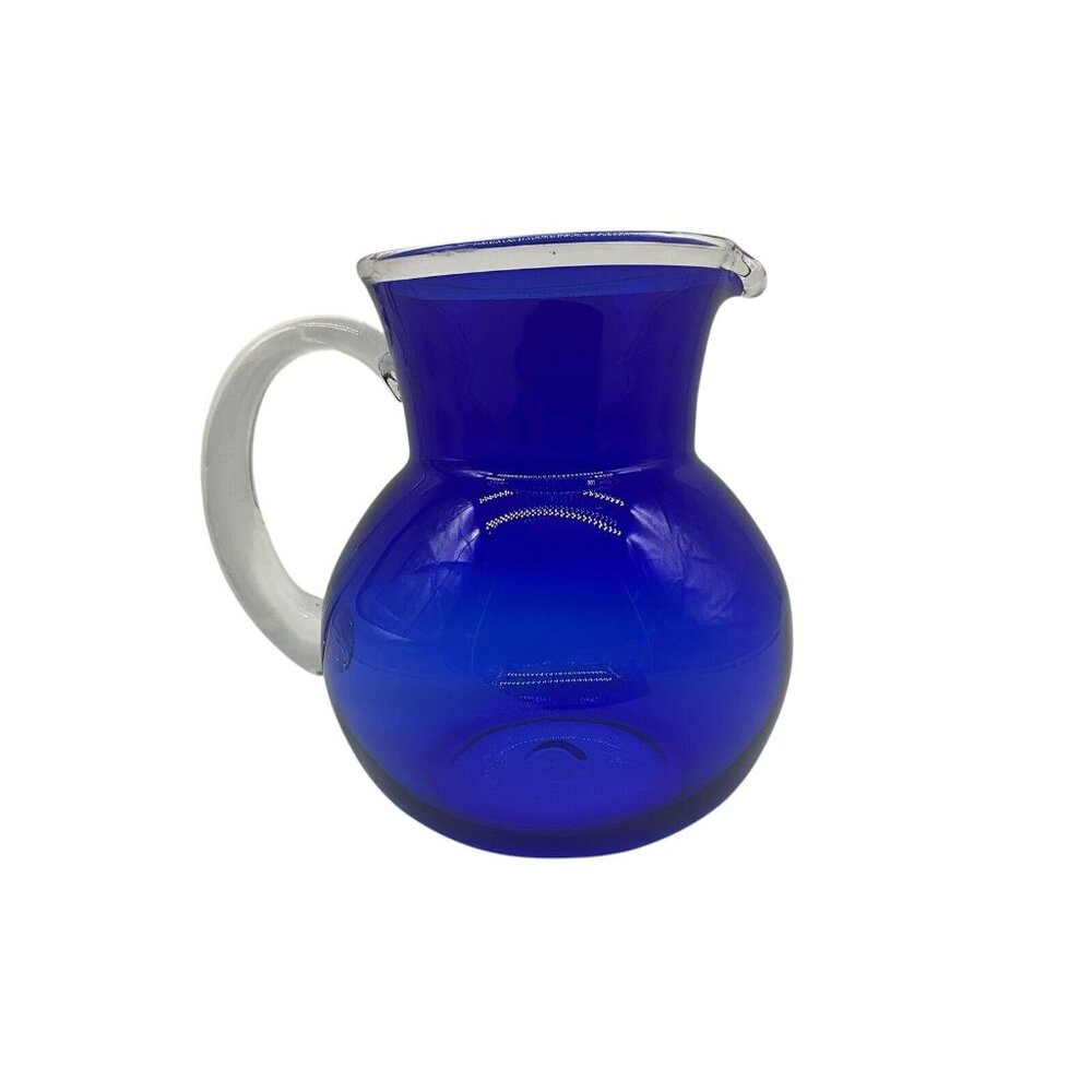 Handblown Vintage Pitcher Cobalt Blue and Clear Art Glass Quality Workmanship